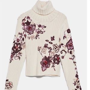 Zara Sequin Floral Cream and Burgundy Sweater